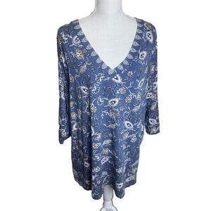 J Jill Blue floral Tunic Top stretchy blouse v-neck cotton modal sz 2X XXL